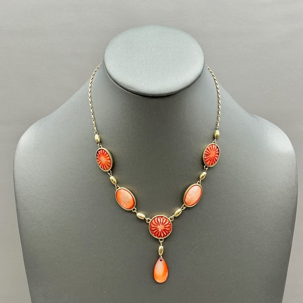 Necklace Gold Tone‎ Orange Faux Shell Inlay Drop Statement Necklace 18"